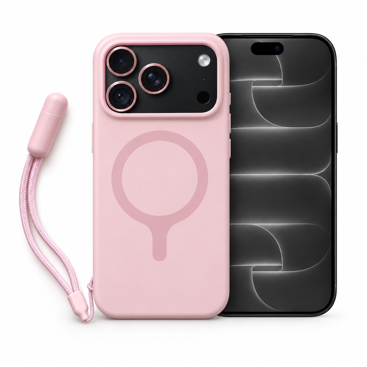 シリコンケース リストストラップ付き ピンク（iPhone 18 Pro装着イメージ）