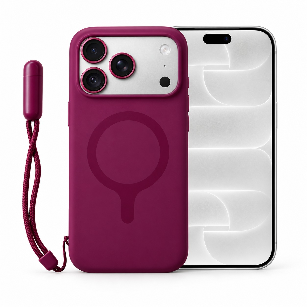 シリコンケース リストストラップ付き プラム（iPhone 18 Pro装着イメージ）