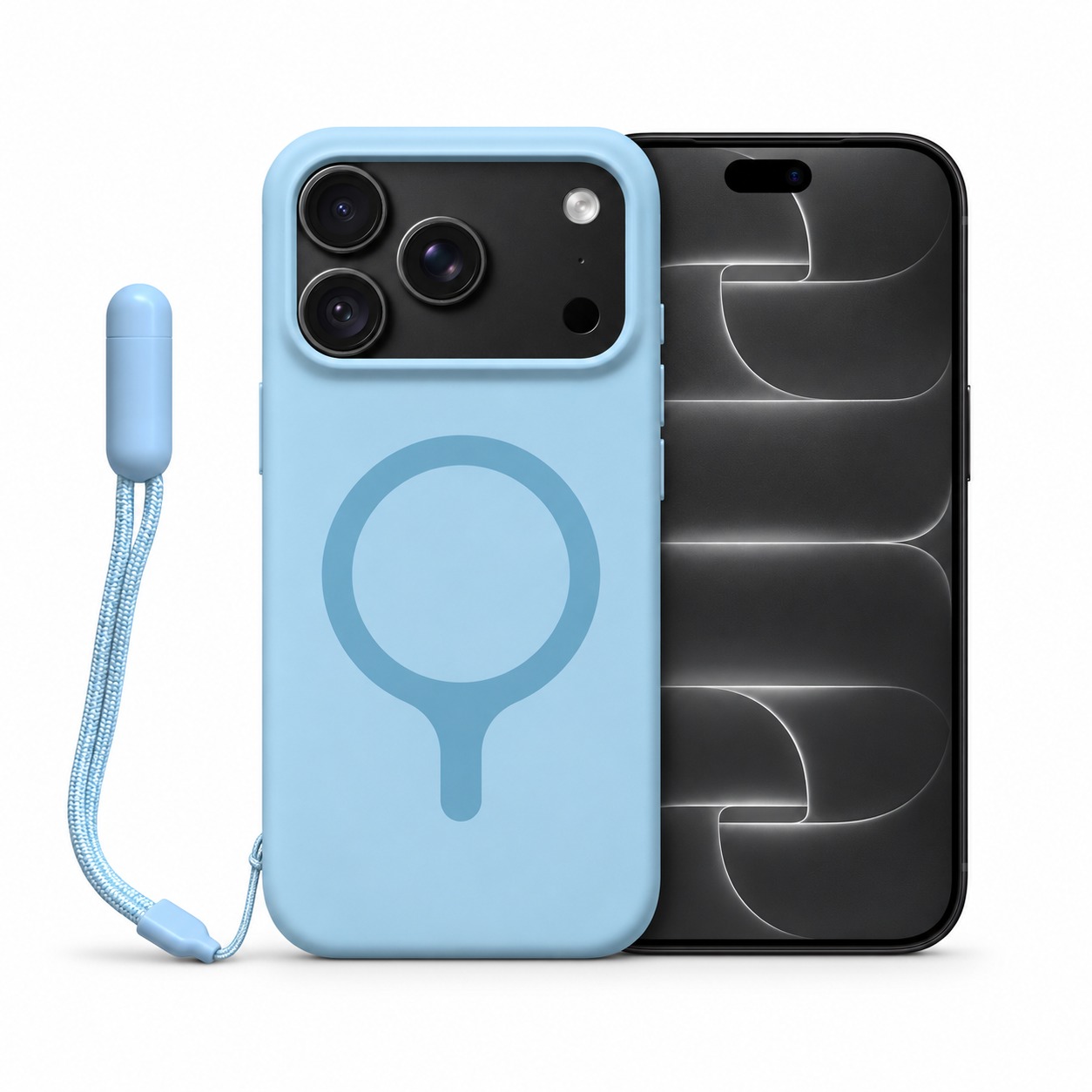 シリコンケース リストストラップ付き スカイブルー（iPhone 18 Pro装着イメージ）