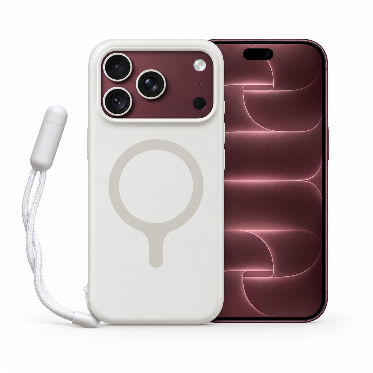 シリコンケース リストストラップ付き ホワイト（iPhone 18 Pro装着イメージ）