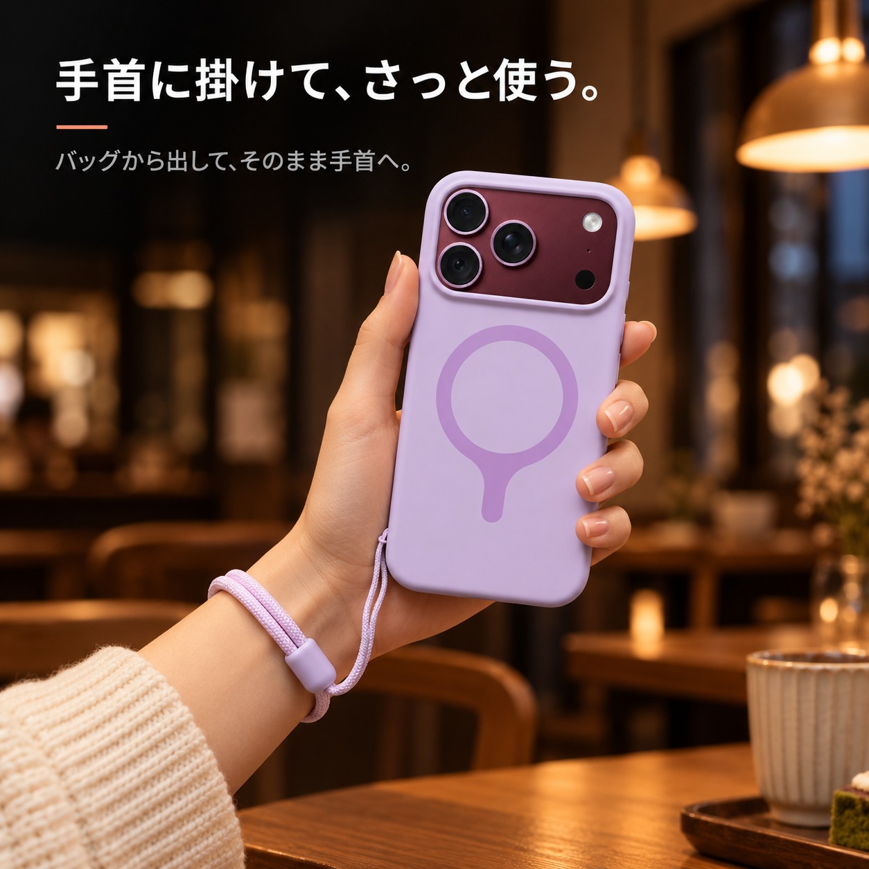手首にストラップを掛けて持つラベンダーのシリコンケース