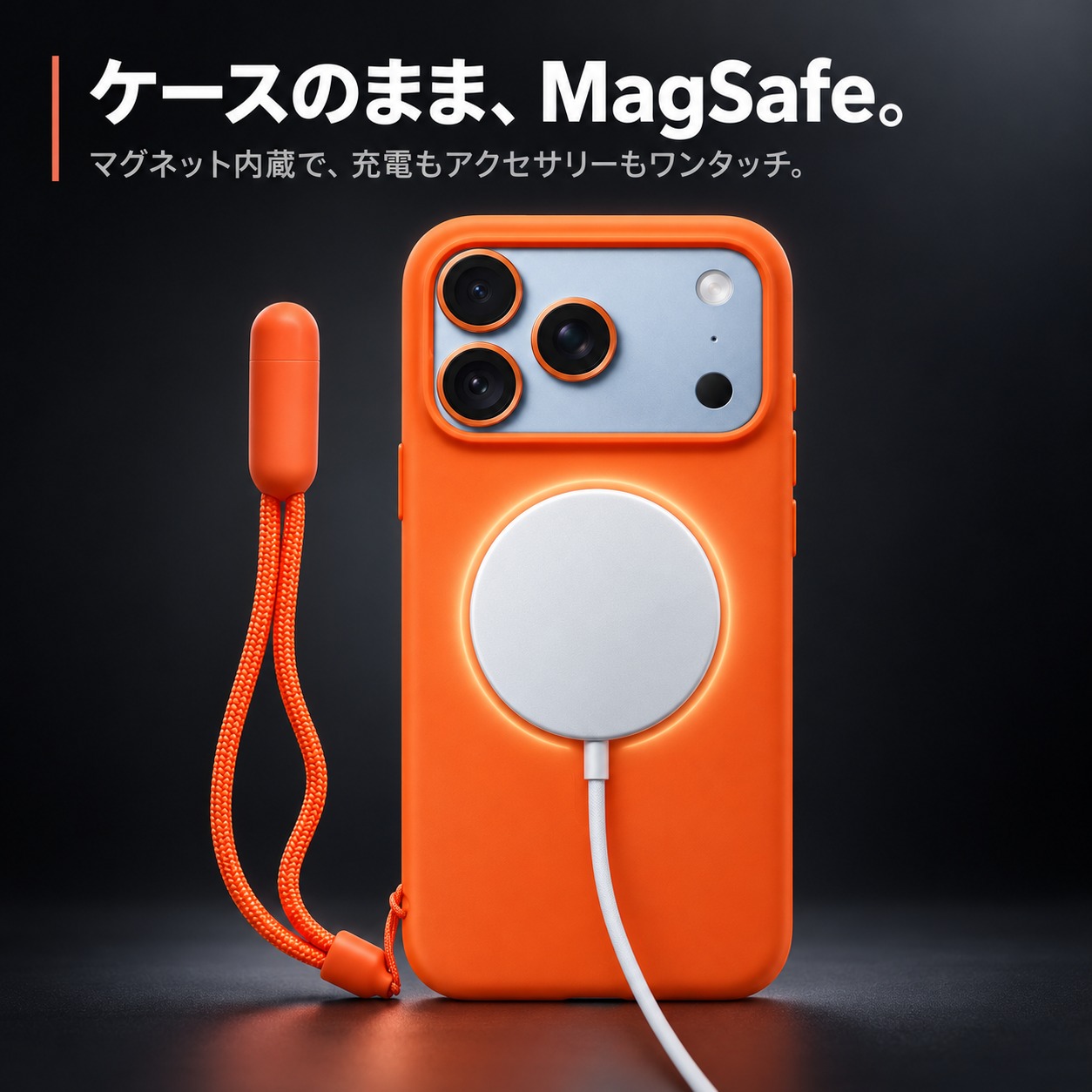 MagSafe充電器を装着したオレンジのシリコンケース