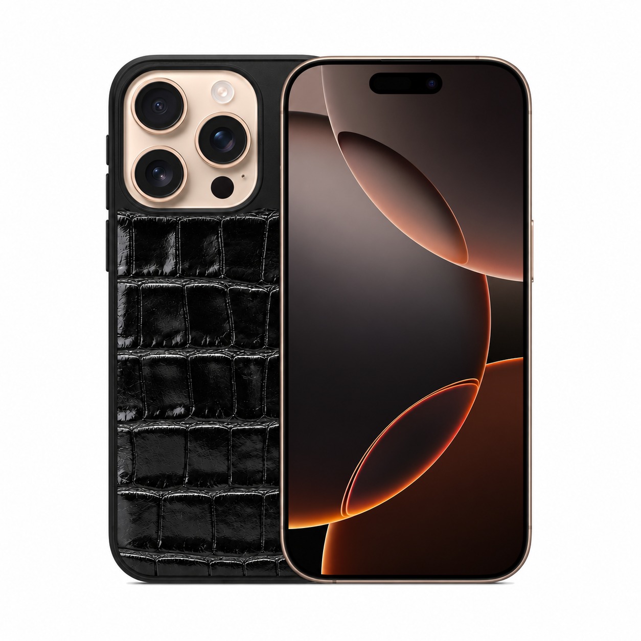 クロコ型押し牛革ケース ブラック iPhone 16 Pro