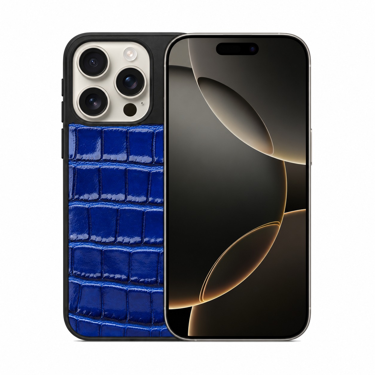 クロコ型押し牛革ケース ブルー iPhone 16 Pro