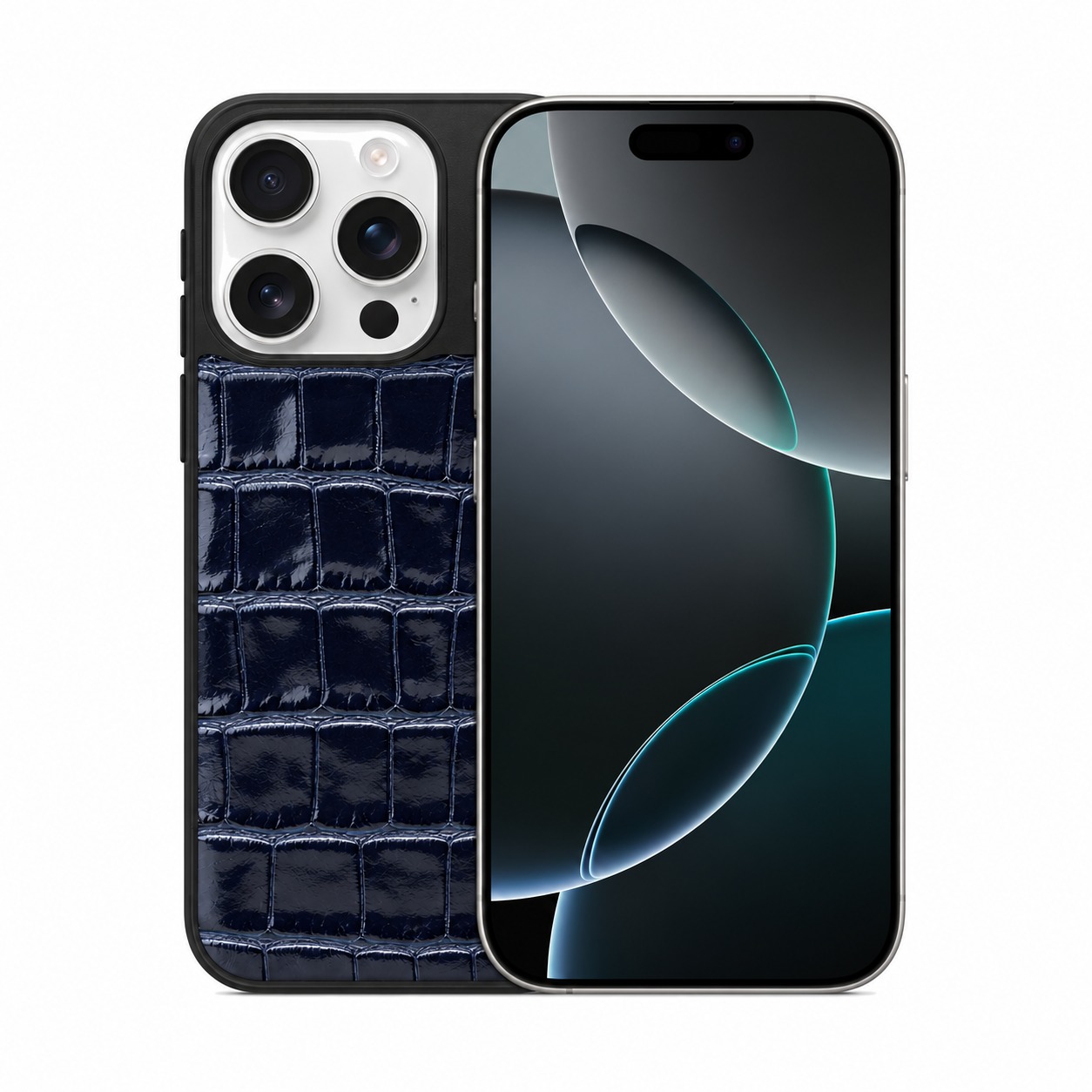 クロコ型押し牛革ケース ネイビー iPhone 16 Pro