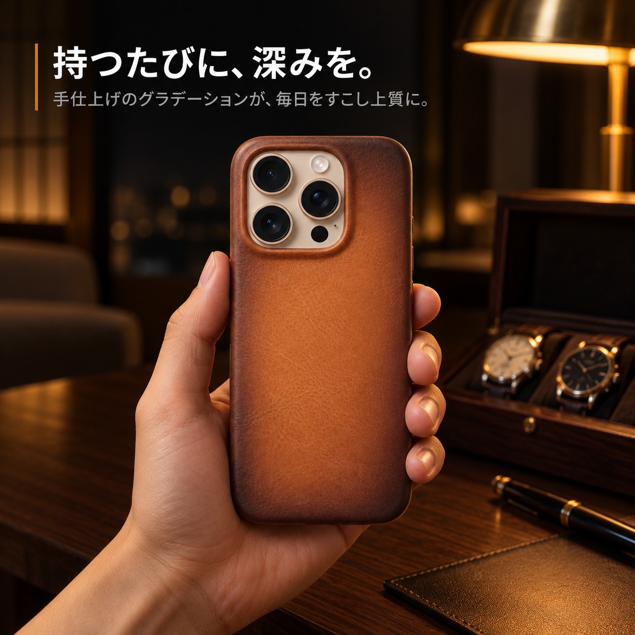 ホテルラウンジで手に持ったイタリアンレザーケース iPhone 16 Pro