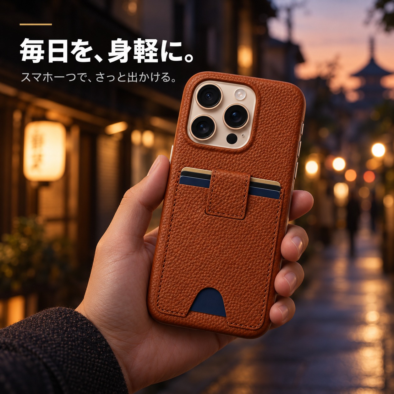 手に持ったiPhone 16 Proと本革ケース