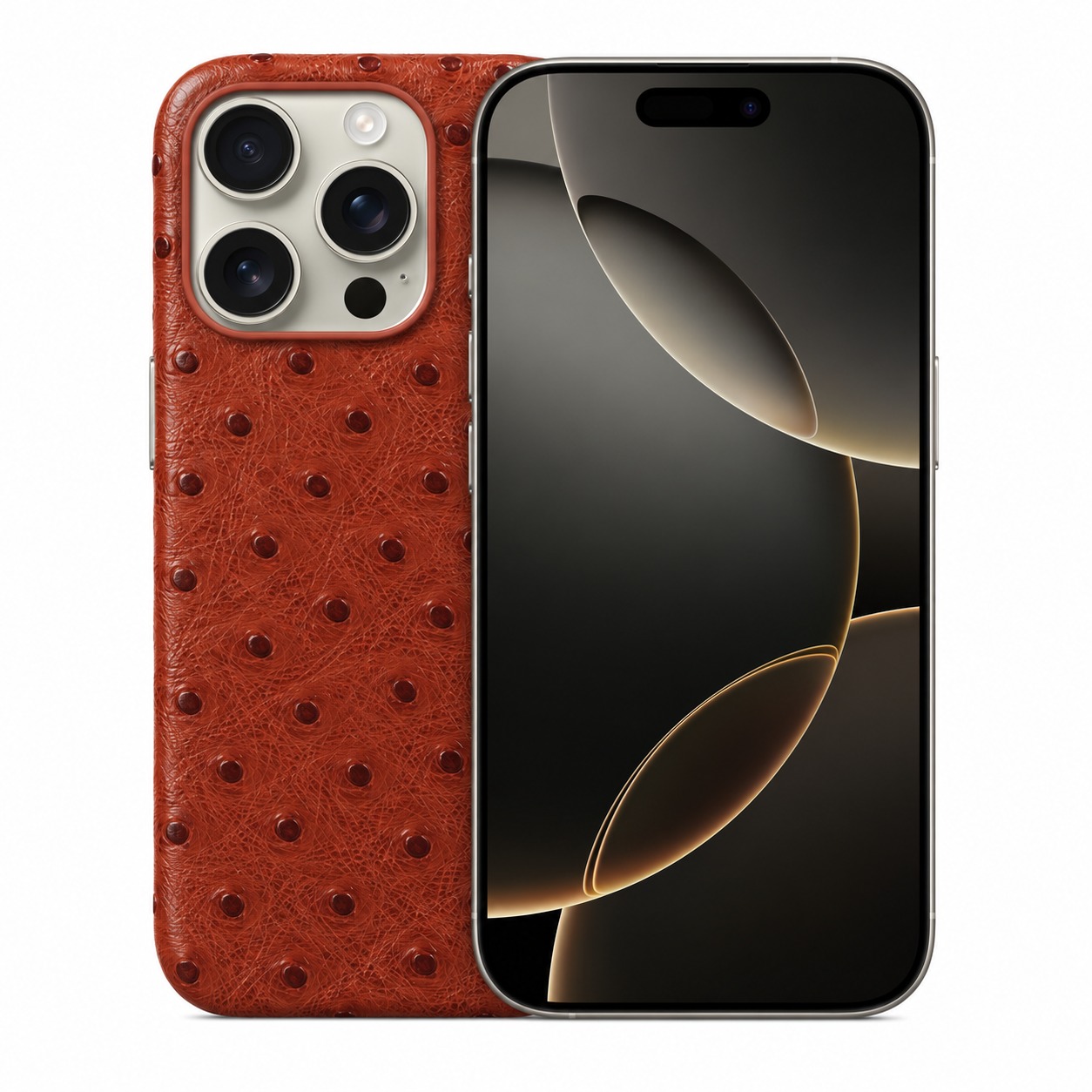 ダチョウ柄本革ケース iPhone 16 Pro レンガレッド
