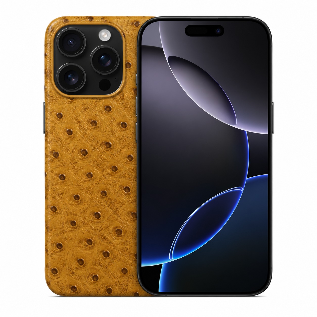 ダチョウ柄本革ケース iPhone 16 Pro マスタード