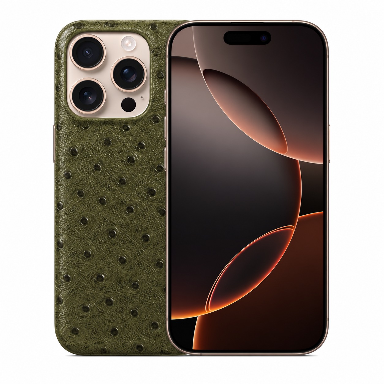 ダチョウ柄本革ケース iPhone 16 Pro オリーブグリーン