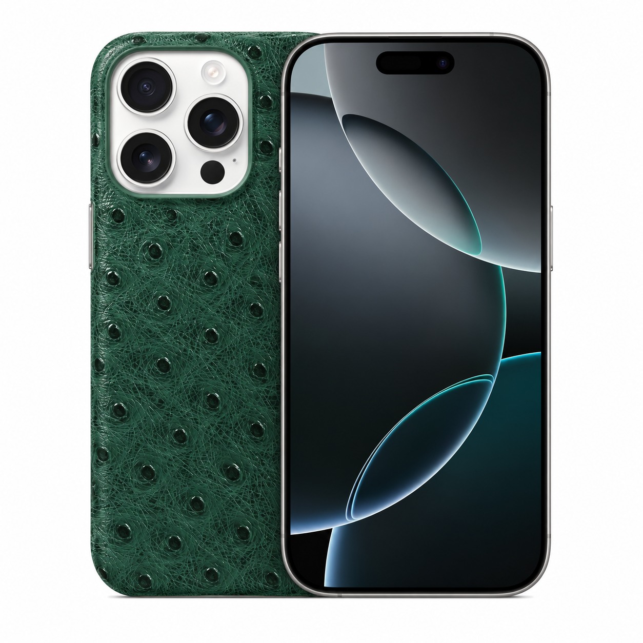 ダチョウ柄本革ケース iPhone 16 Pro エメラルドグリーン