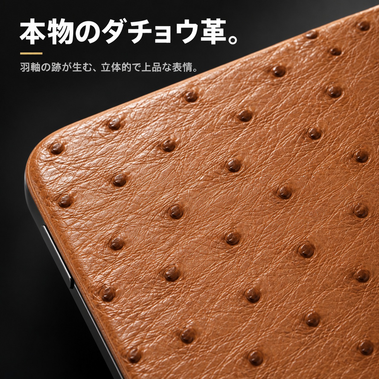 本物のダチョウ革。羽軸の跡が生む立体的な表情
