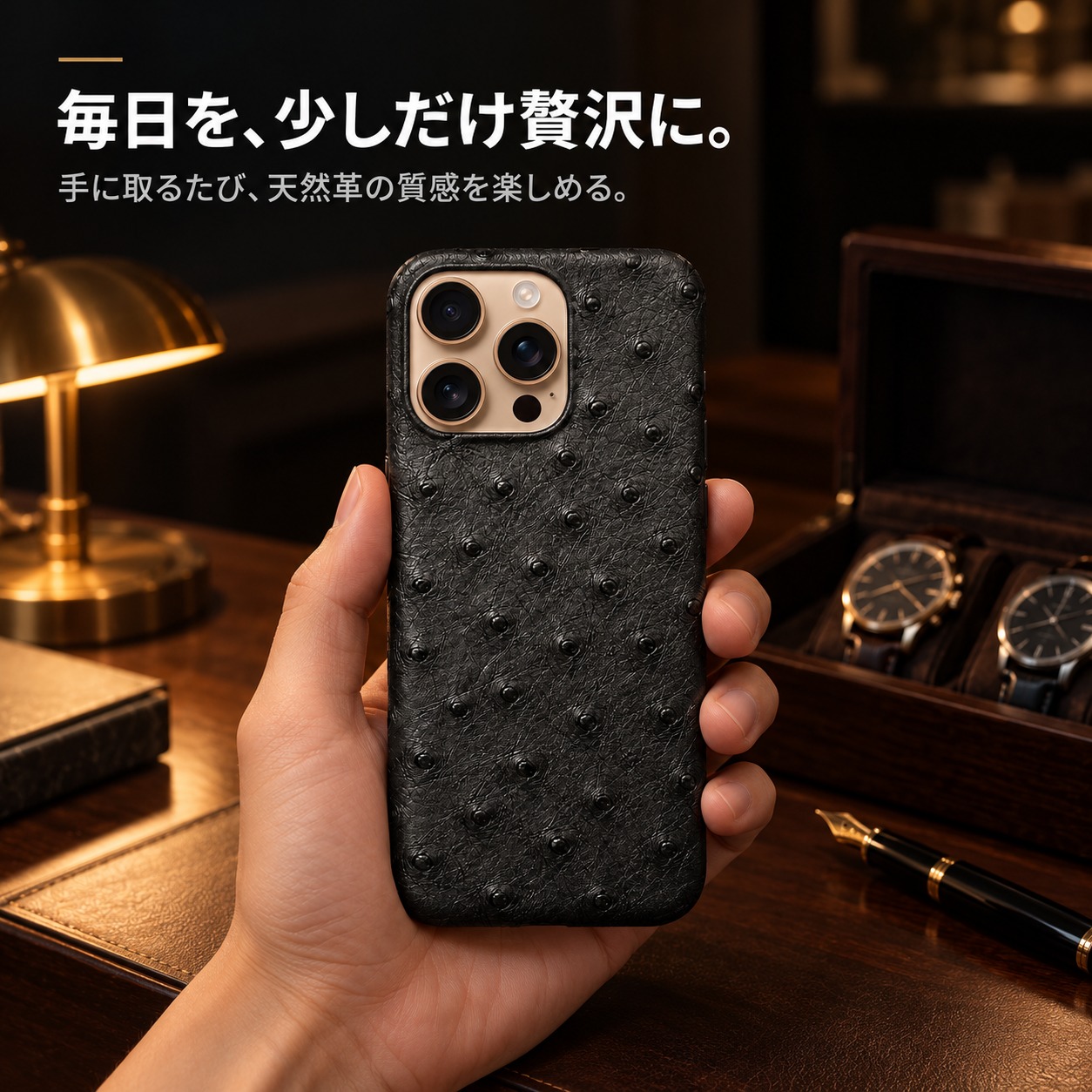 ホテルラウンジで手に持ったダチョウ革ケース iPhone 16 Pro