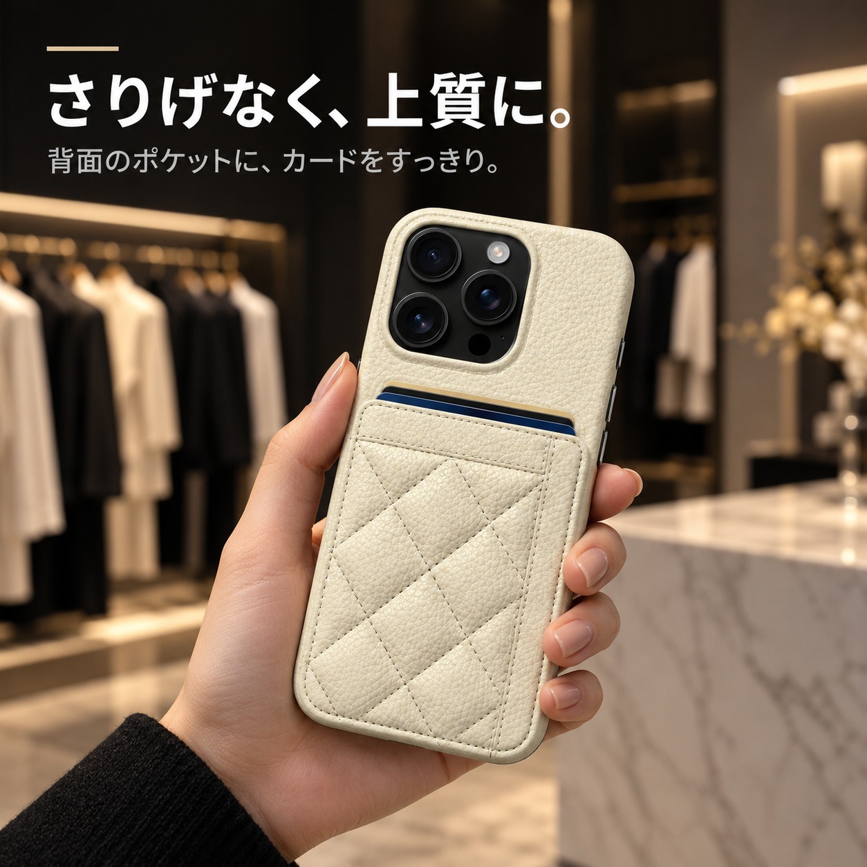 手に持ったiPhone 16 Proとキルティングケース