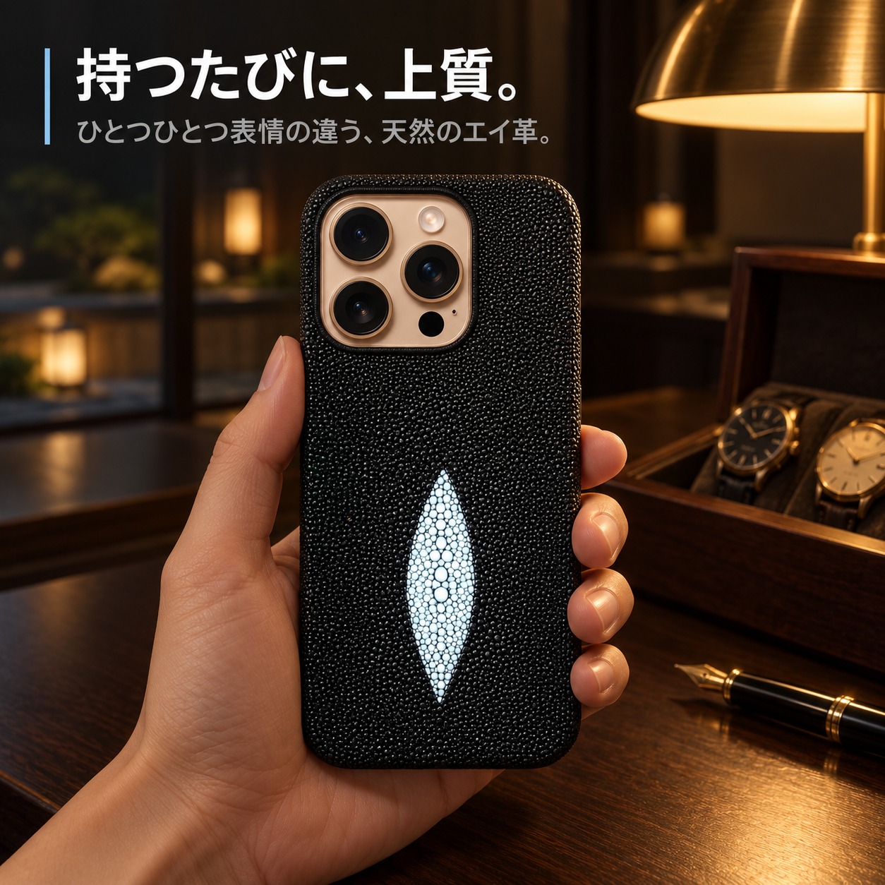 ホテルラウンジで手に持ったブラック・ホワイトアイのエイ革ケース iPhone 16 Pro