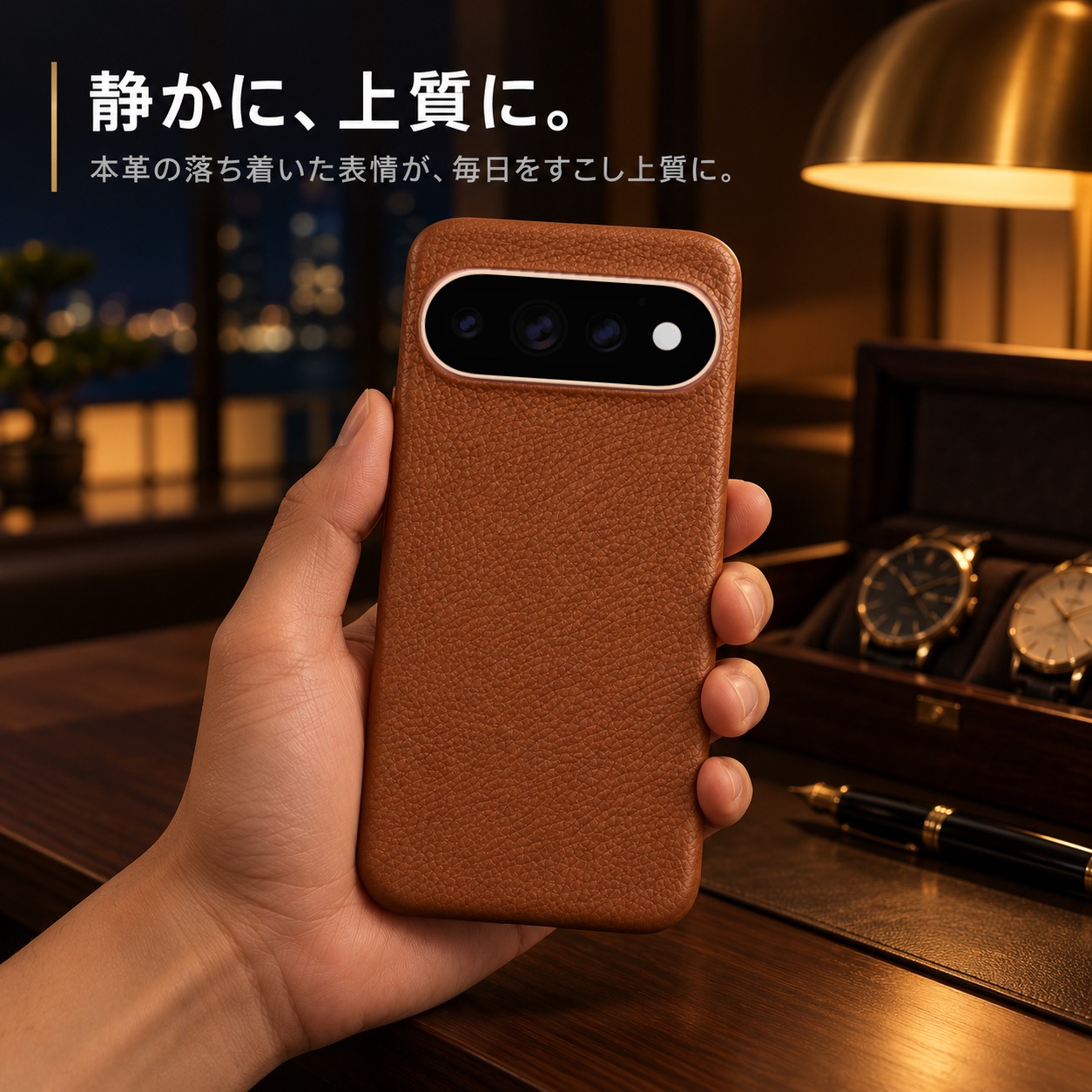 ホテルラウンジで手に持ったPixel 11 Proと本革ケース