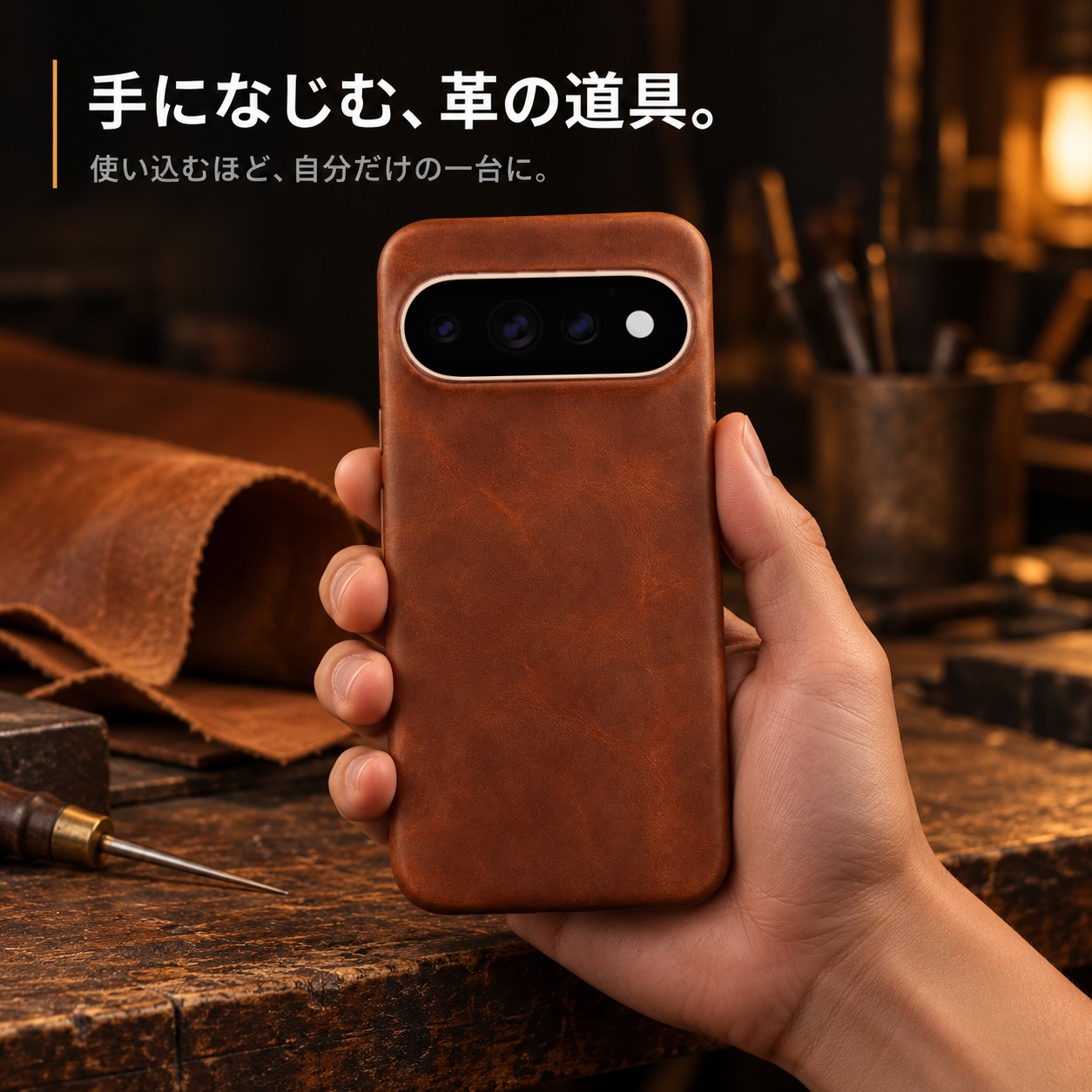 革工房で手に持ったPixel 11 Proと本革ケース