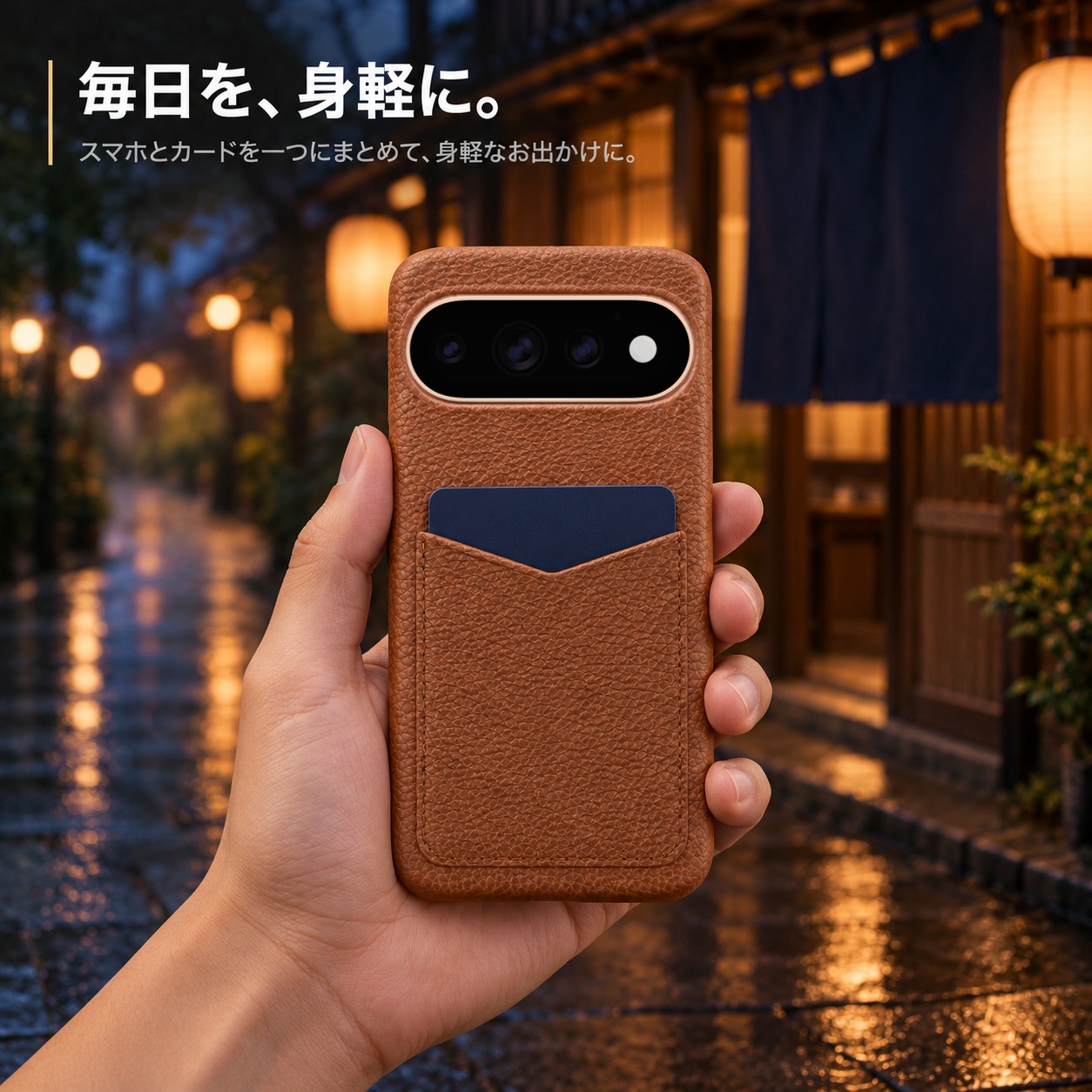 手に持ったPixel 11 Proと本革カードポケットケース