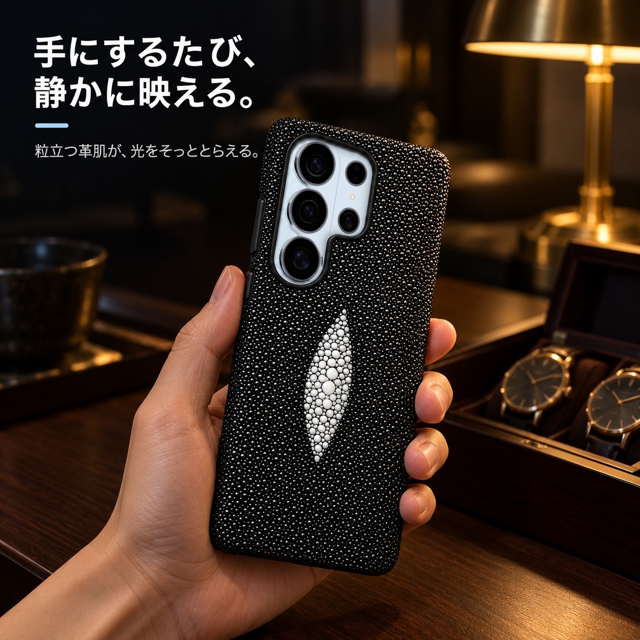 ホテルラウンジで手に持ったブラック・ホワイトアイのエイ革ケース Galaxy S26 Ultra