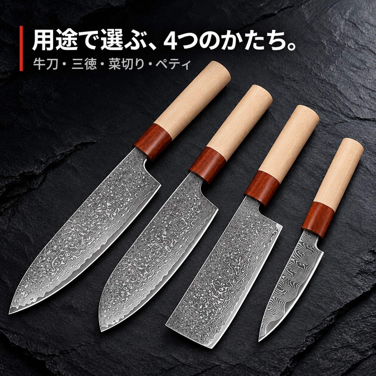 牛刀・三徳・菜切り・ペティの4タイプ